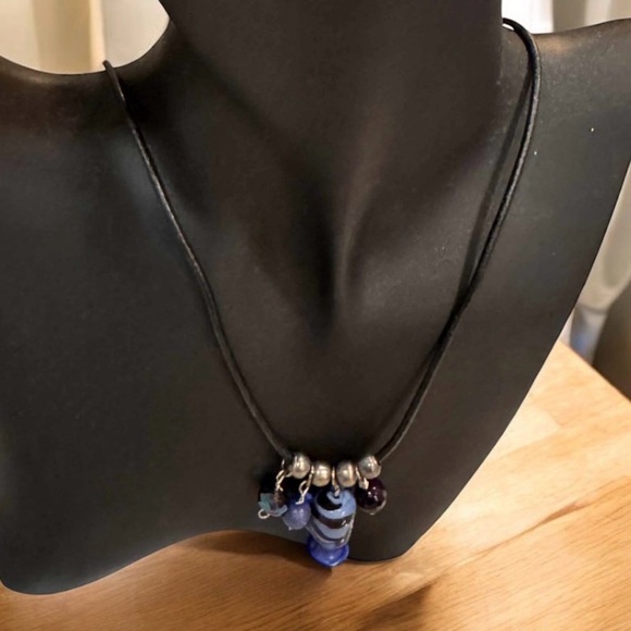 Hand Crafted Jewelry - Cord necklace Elegant Blue and Silver Beaded